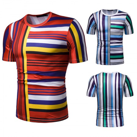 New Summer Men's Short-Sleeved T-Shirt Mens Contrast Striped Slim Casual T-Shirts