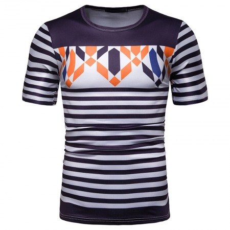 New Summer Men's Short-Sleeved T-Shirt Mens Contrast Striped Slim Casual T-Shirt