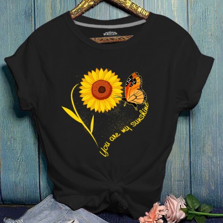 Summer New Hot Sun Flower Print Butterfly Plus Size Short-Sleeved T-Shirt