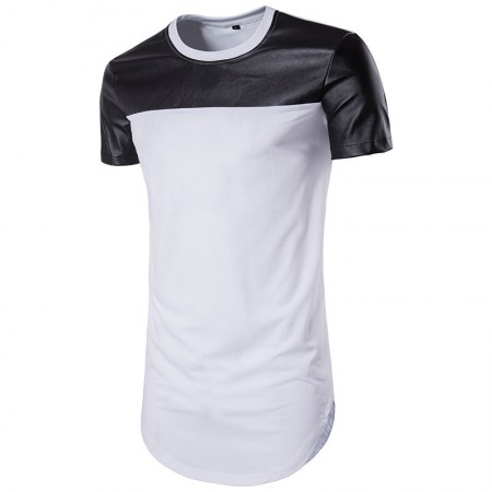 Men's Round Neck Short-Sleeved High Street Arc Hem Solid Color Leather T-Shirt