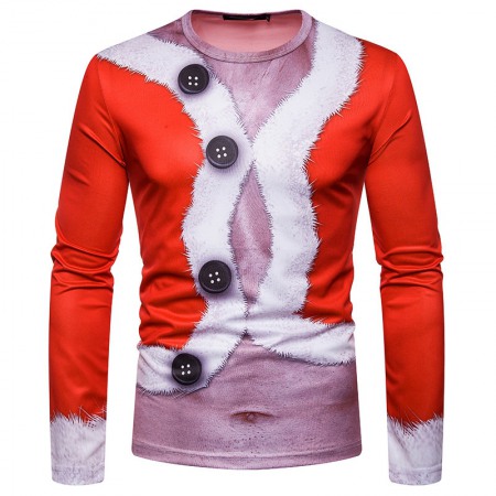 New 3D Personality Printing Fashion Men's Christmas Button Pattern Long-Sleeved T-Shirt