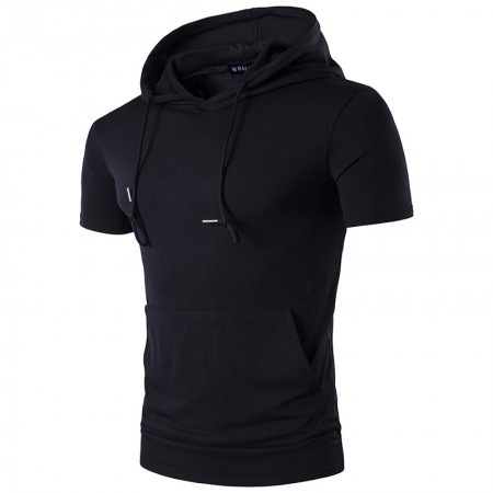 Summer Men's Hooded Big Pockets Solid Color Plus Size High Street Hip-Hop Short-Sleeved T-Shirt